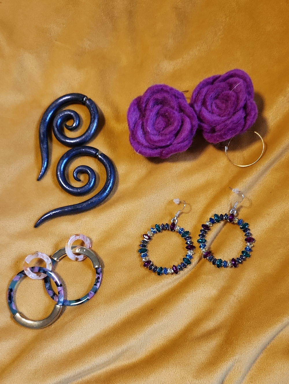 Handmade Purple Felt Rose Hoop Earrings, Clay Faux Gauges, Statement Hoops